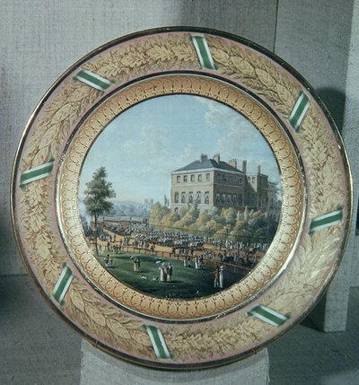 Meissen plate, decorated with a scene of Apsley House with a parade of cavalry soldiers, c.1818 by German School